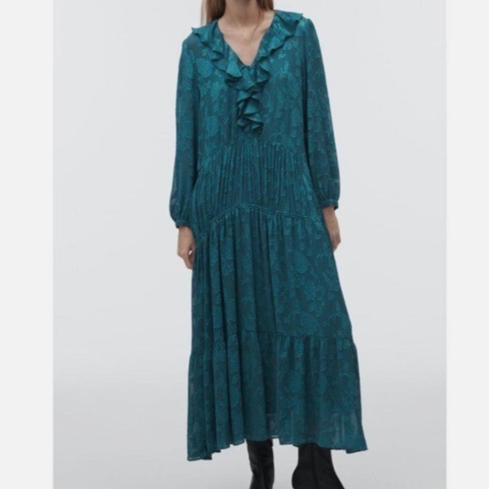 NWT Zara Green Jacquard Tiered Ruffle Dress